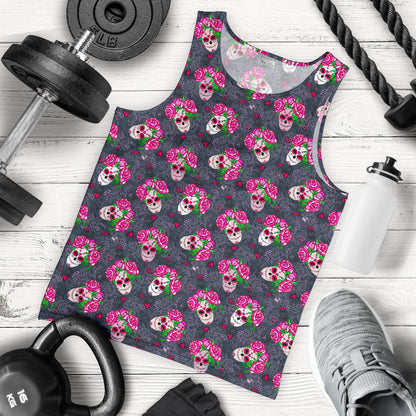 Sugar Skull Pink Rose Themed Print Men Tank Top