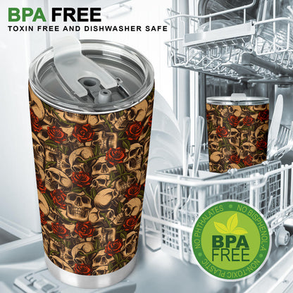 Skull Roses Vintage Design Themed Print Tumbler