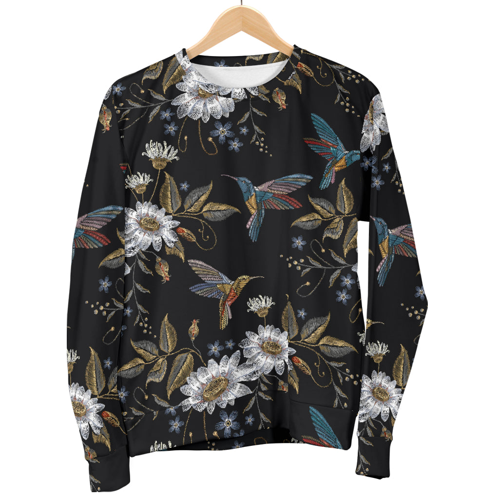 Hummingbird with Embroidery Themed Print Women Long Sleeve Sweatshirt