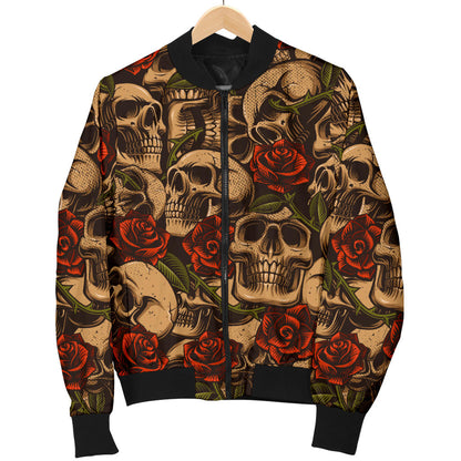 Skull Roses Vintage Design Themed Print Men Bomber Jacket