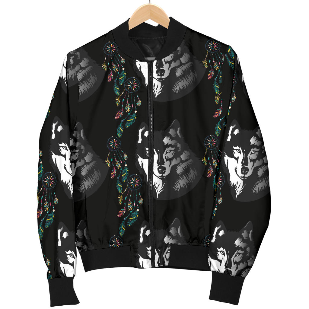 Wolf Black Dream Catcher Design Print Men Bomber Jacket