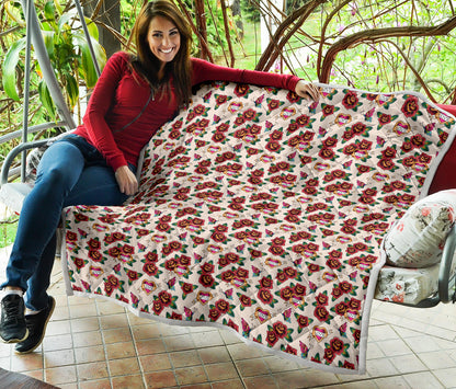 Old School Tattoo Rose Pattern Quilt Bedspread