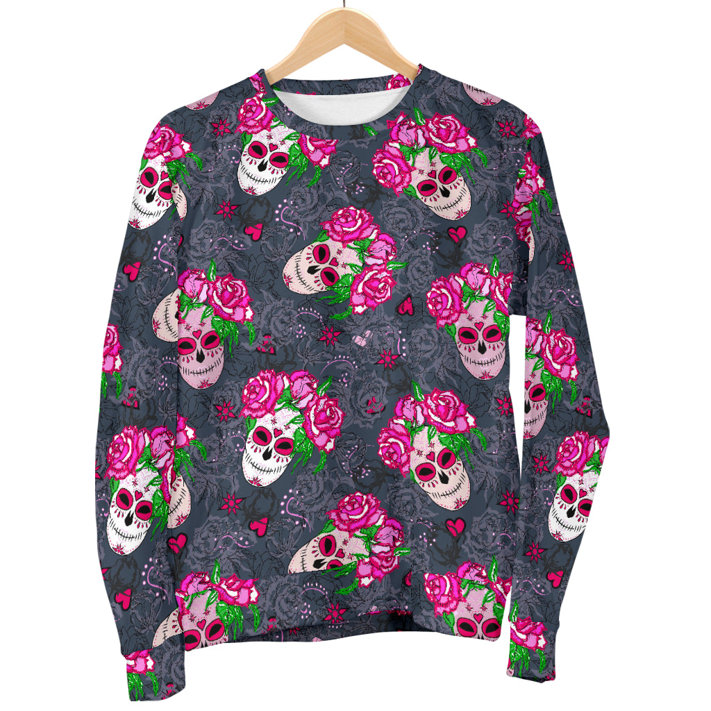 Sugar Skull Pink Rose Themed Print Men Long Sleeve Sweatshirt