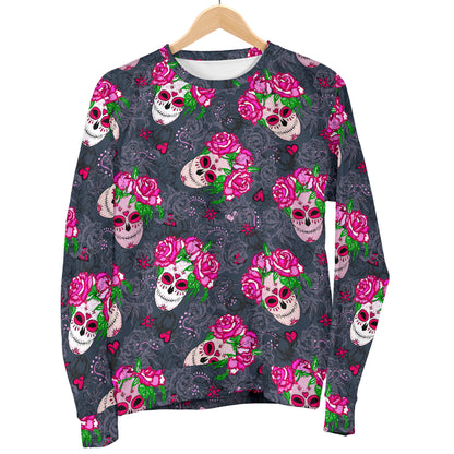Sugar Skull Pink Rose Themed Print Men Long Sleeve Sweatshirt