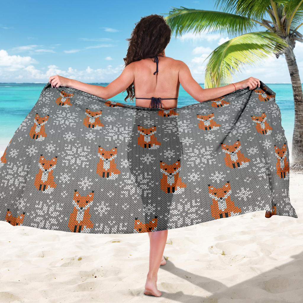 Knit Red Fox Pattern Print Design 02 Sarong Pareo Wrap