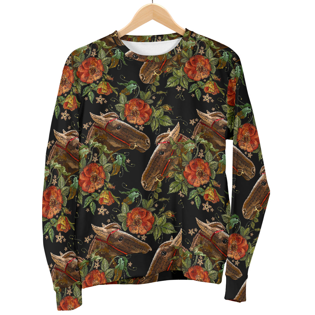 Horse Embroidery with Flower Design Men Long Sleeve Sweatshirt