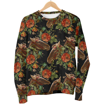 Horse Embroidery with Flower Design Men Long Sleeve Sweatshirt