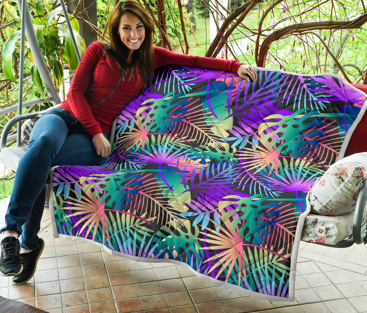 Neon Flower Tropical Palm Leaves Quilt Bedspread