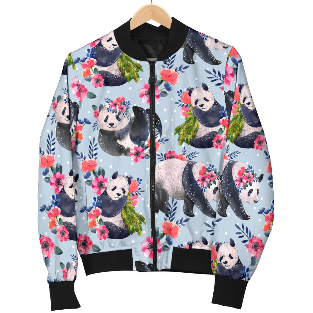 Panda Bear Flower Design Themed Print Men Bomber Jacket