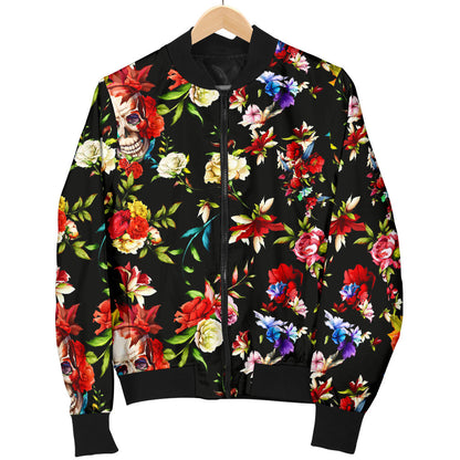 Skull Roses Flower Design Themed Print Men Bomber Jacket