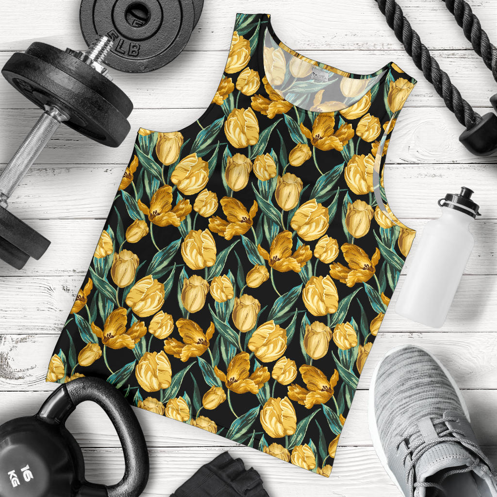 Elegant Yellow Tulip Print Men Tank Top