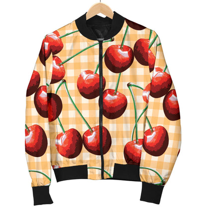 Cherry Orange Plaid Print Men Bomber Jacket