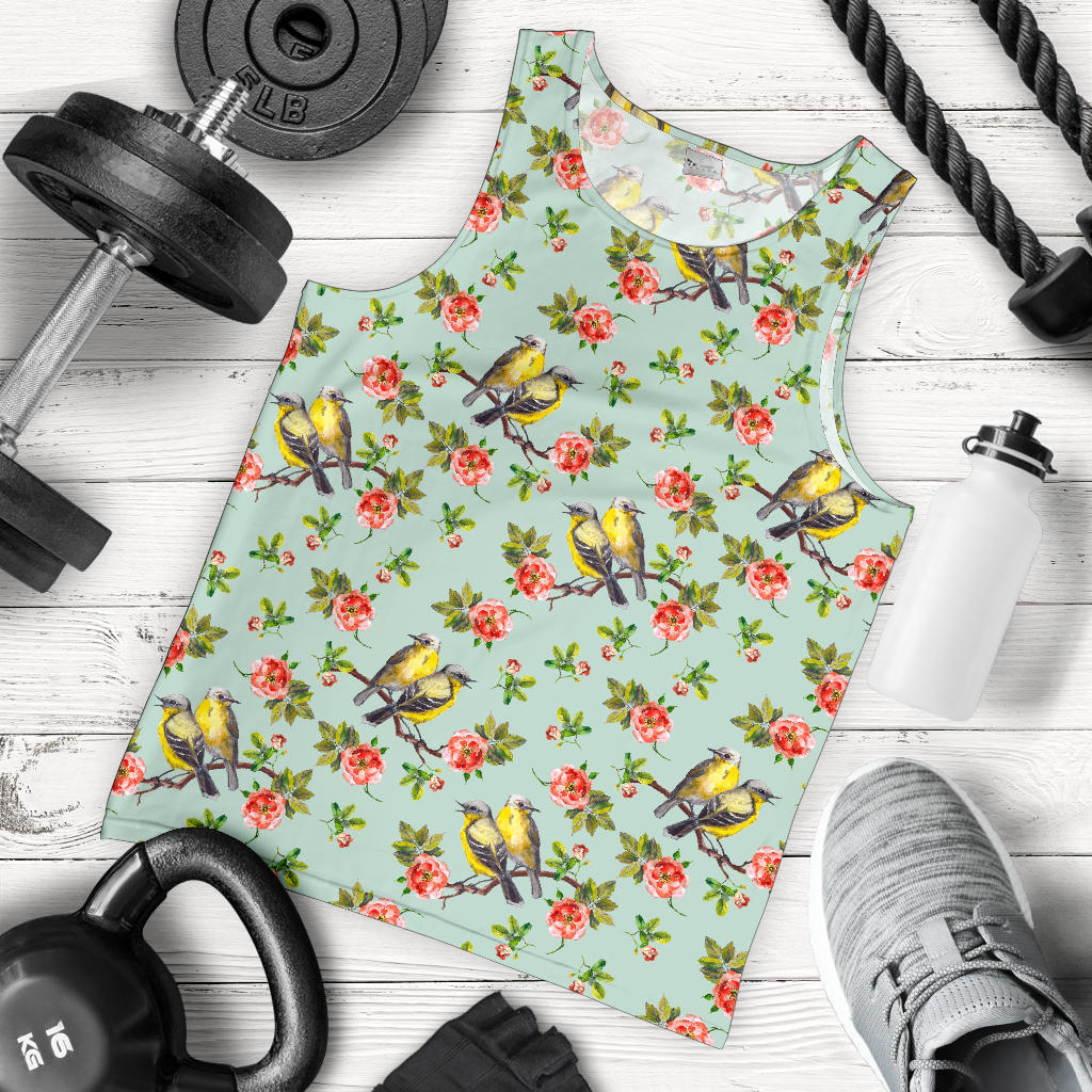 Bird with Red Flower Print Pattern Men Tank Top