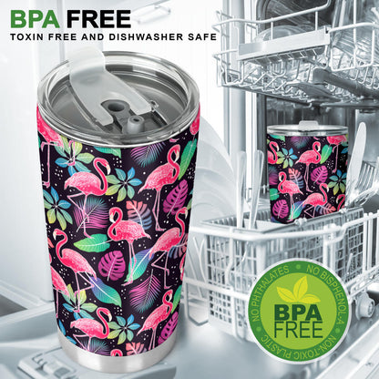 Flamingo Tropical leaves Neon Print Tumbler
