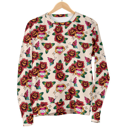 Old School Tattoo Rose Pattern Men Long Sleeve Sweatshirt