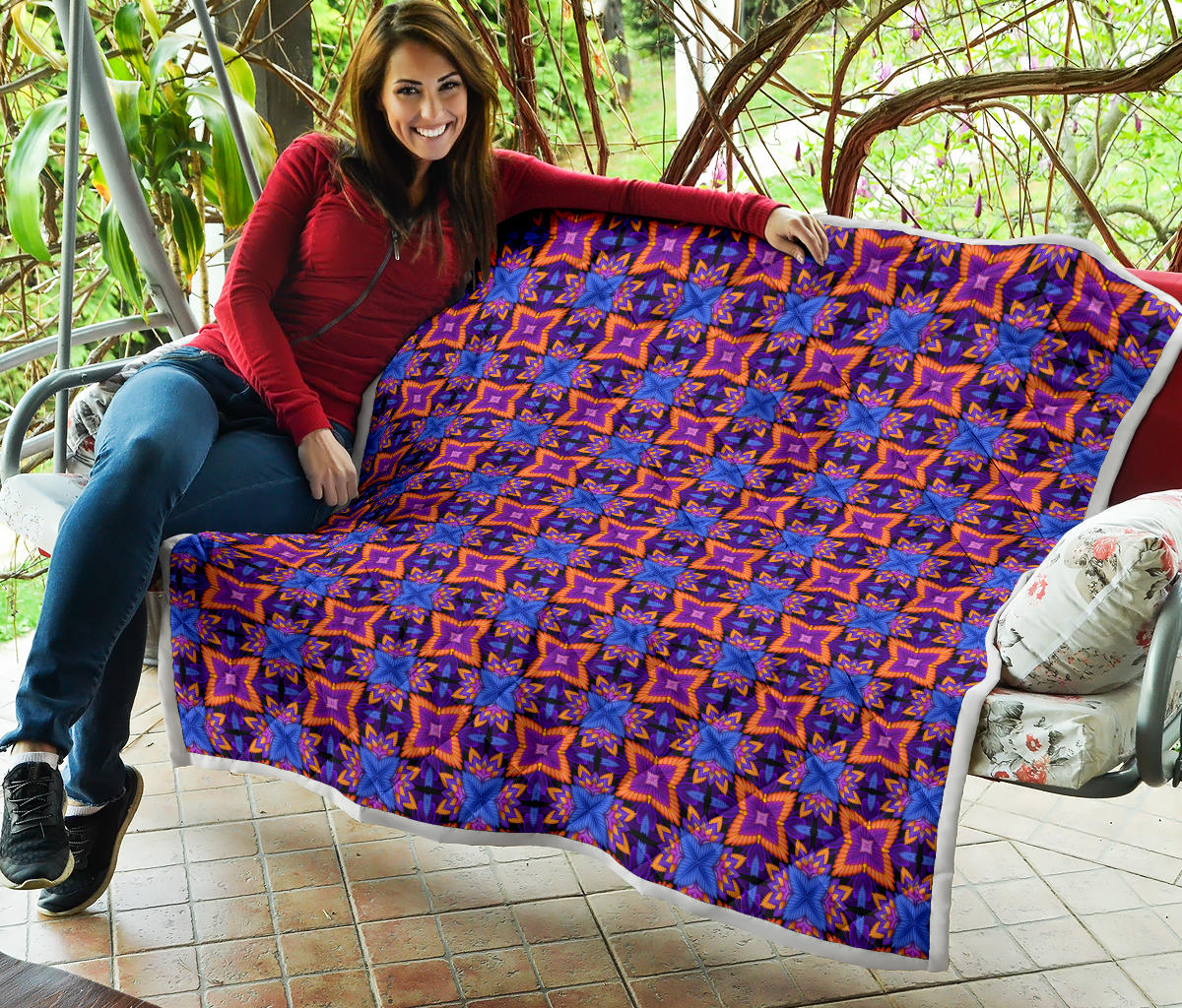 kaleidoscope Purple Orange Print Design Quilt Bedspread