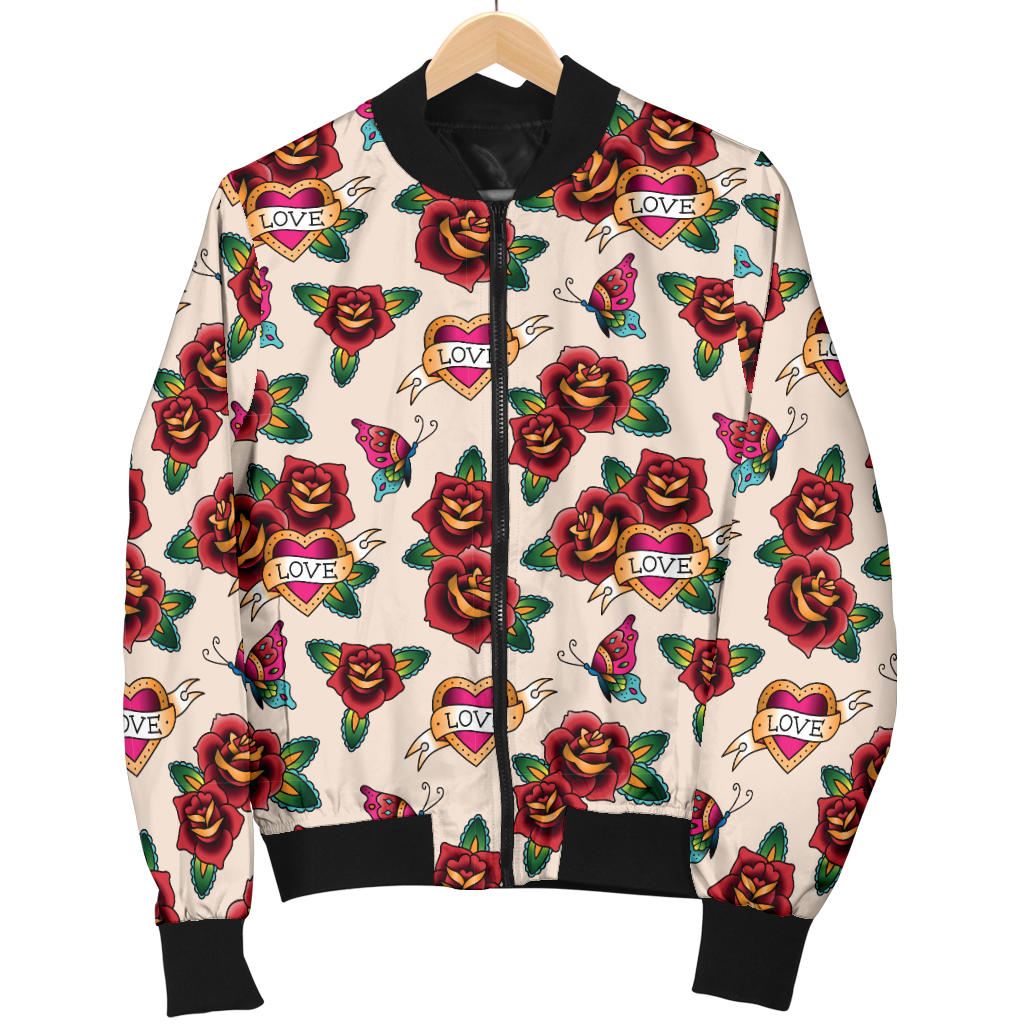 Old School Tattoo Rose Pattern Men Bomber Jacket