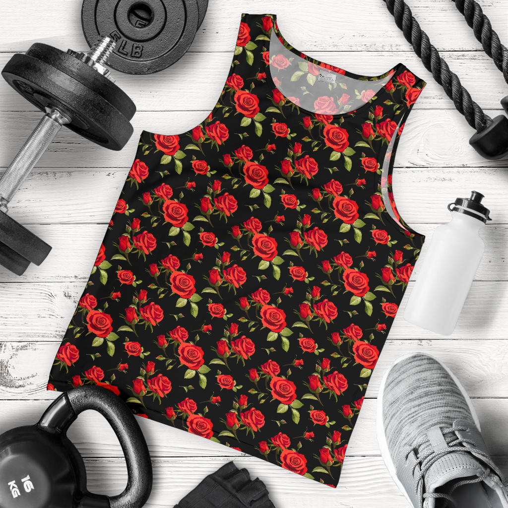 Red Rose Themed Print Men Tank Top