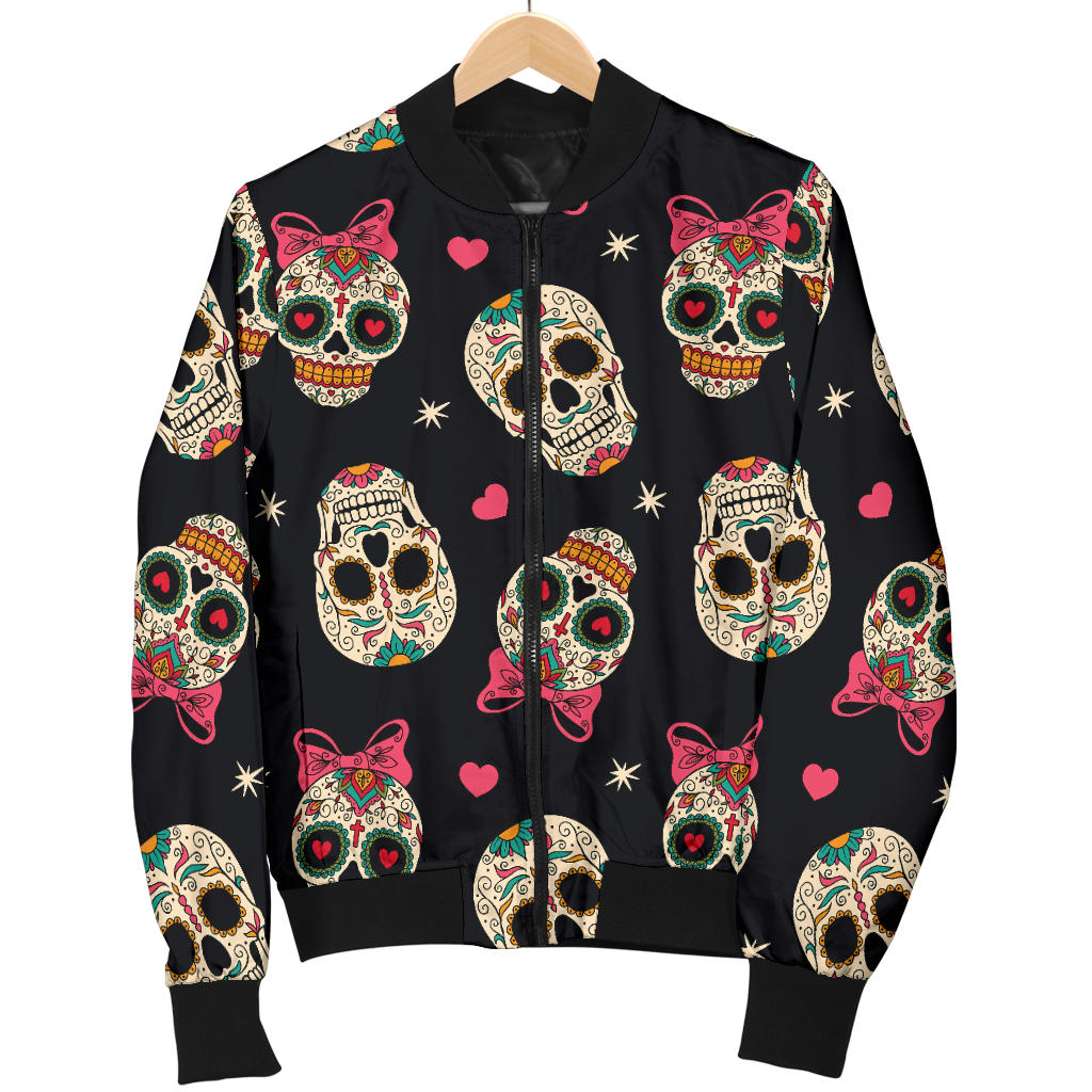 Sugar Skull Pink Bow Themed Print Men Bomber Jacket