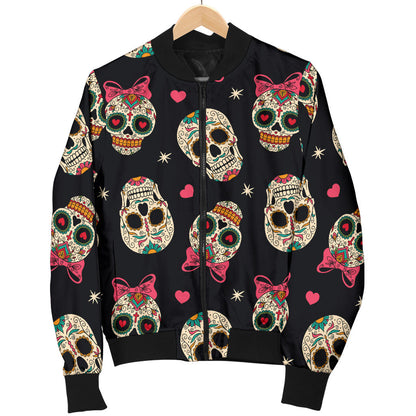 Sugar Skull Pink Bow Themed Print Men Bomber Jacket