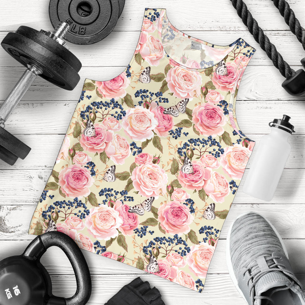 Floral Pink Butterfly Print Men Tank Top