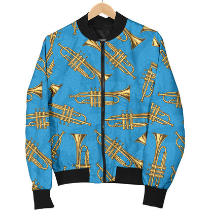 Trumpet Golden Pattern Themed Print Men Bomber Jacket