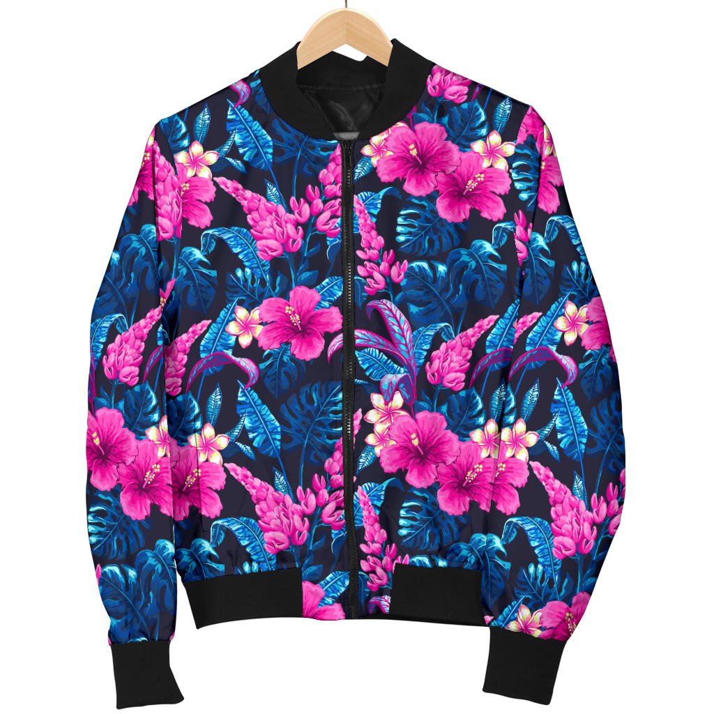 Tropical Folower Pink Themed Print Men Bomber Jacket