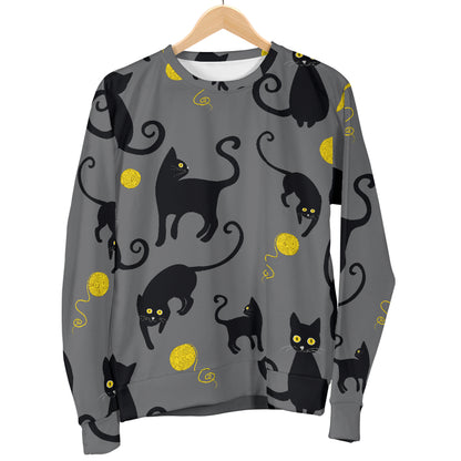 Black Cat Yellow Yarn Print Pattern Women Long Sleeve Sweatshirt