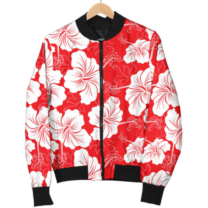 Flower Hawaiian Hibiscus Red Background Print Men Bomber Jacket