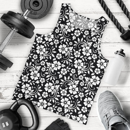 Floral Black White Themed Print Men Tank Top