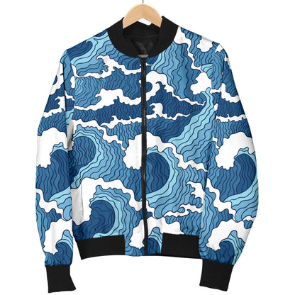 Wave Themed Pattern Print Men Bomber Jacket