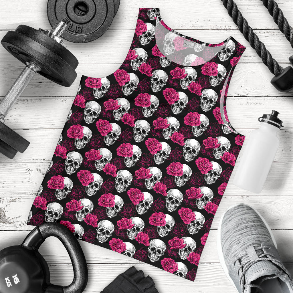 Pink Rose Skull Themed Print Men Tank Top