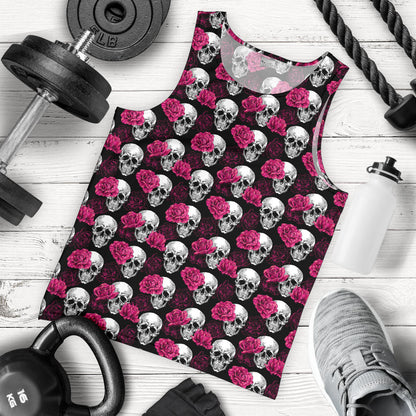 Pink Rose Skull Themed Print Men Tank Top