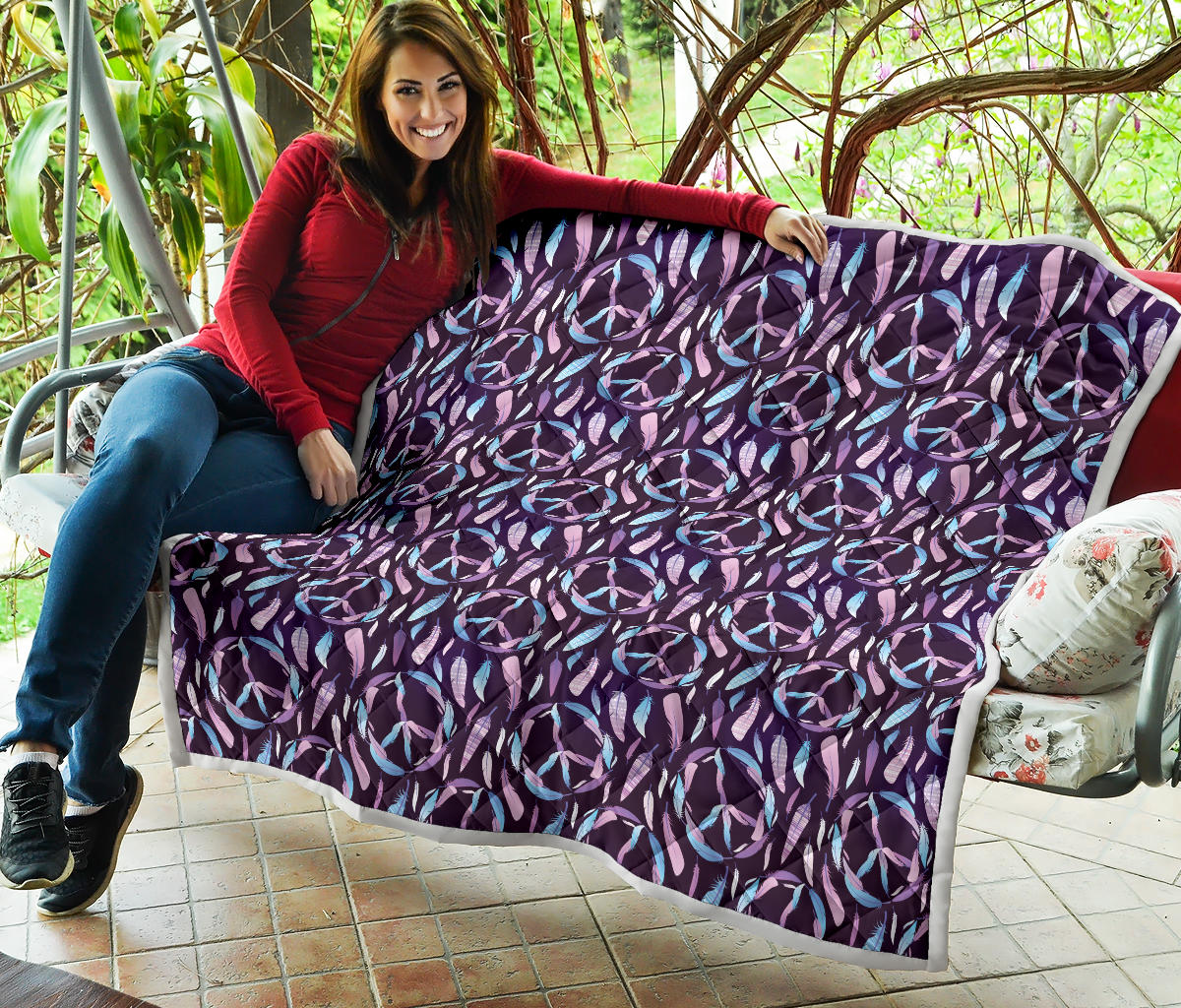 Peace Sign Feather Design Print Quilt Bedspread