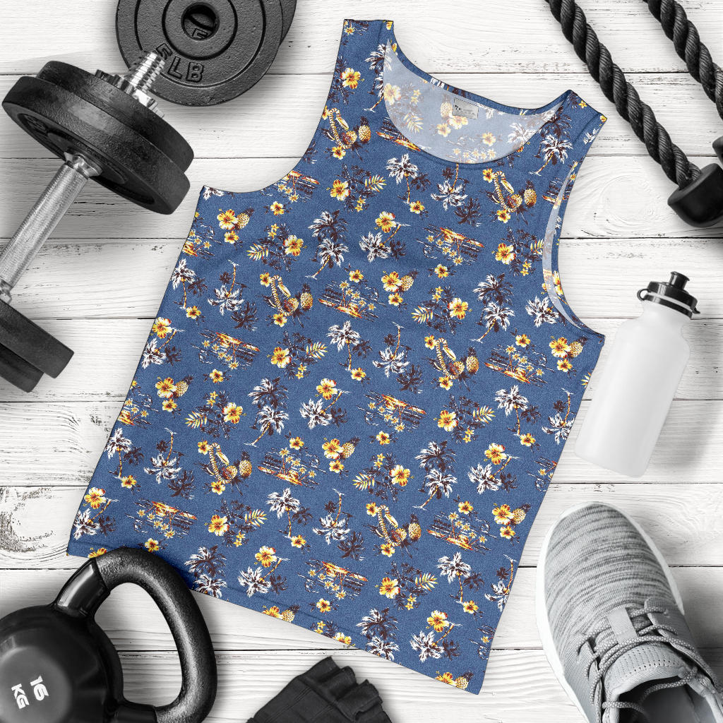 Hawaiian Flower Blue Print Men Tank Top
