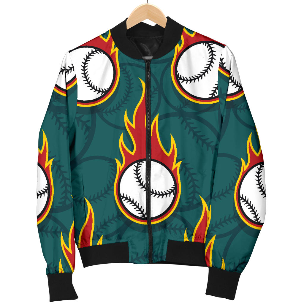 Baseball Fire Print Pattern Men Bomber Jacket