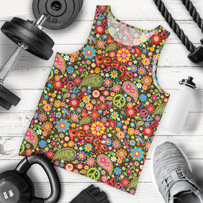 Flower Power Peace Paisley Themed Print Men Tank Top