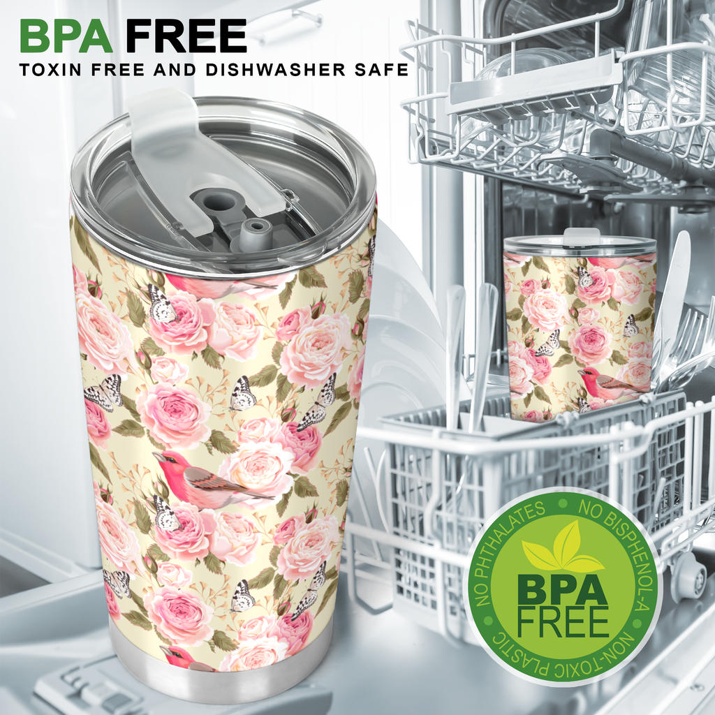 Bird Butterfly Pink Flower Print Pattern Tumbler