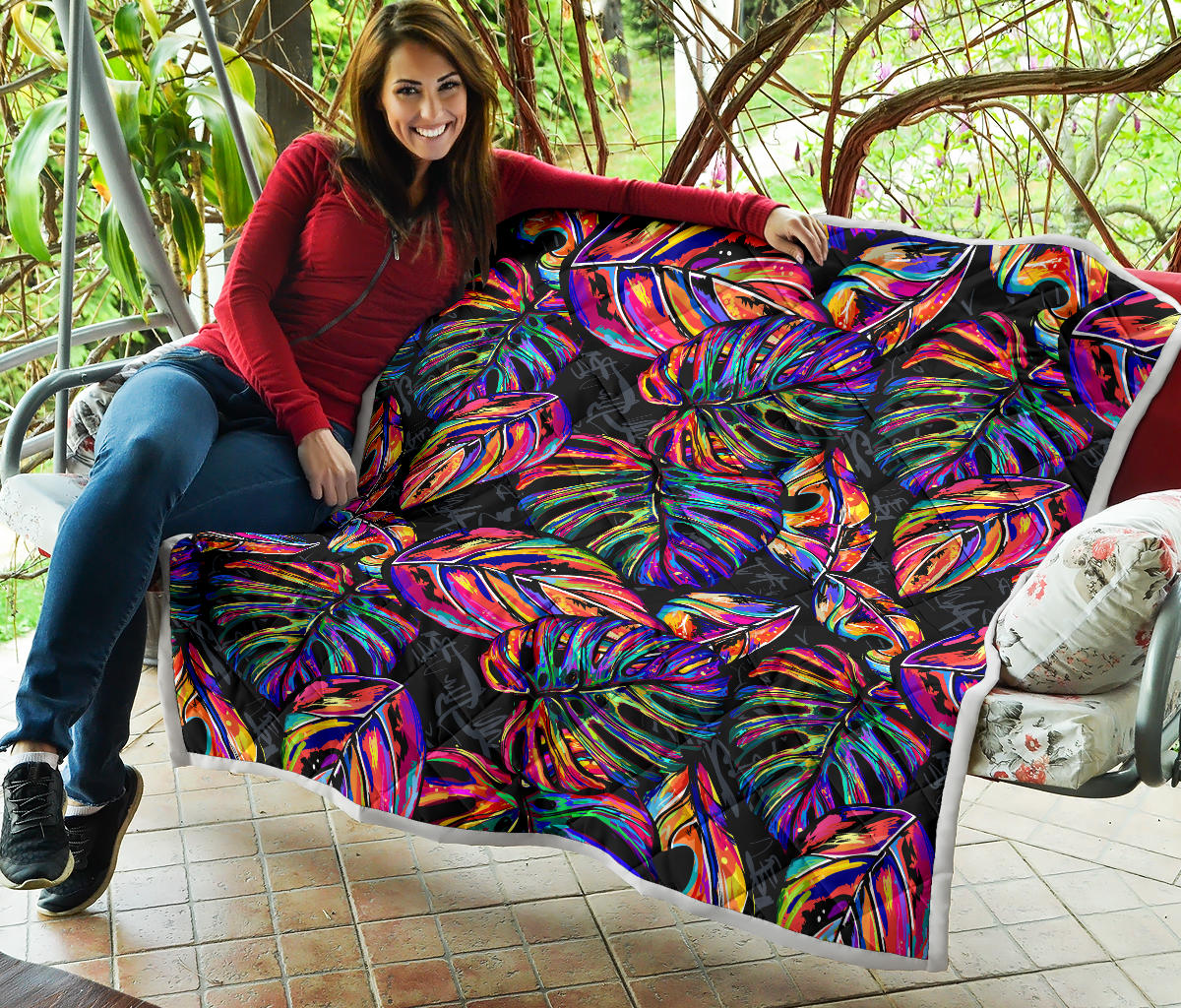 Neon Color Tropical Palm Leaves Quilt Bedspread