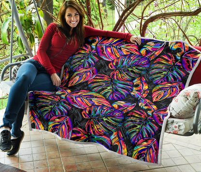 Neon Color Tropical Palm Leaves Quilt Bedspread