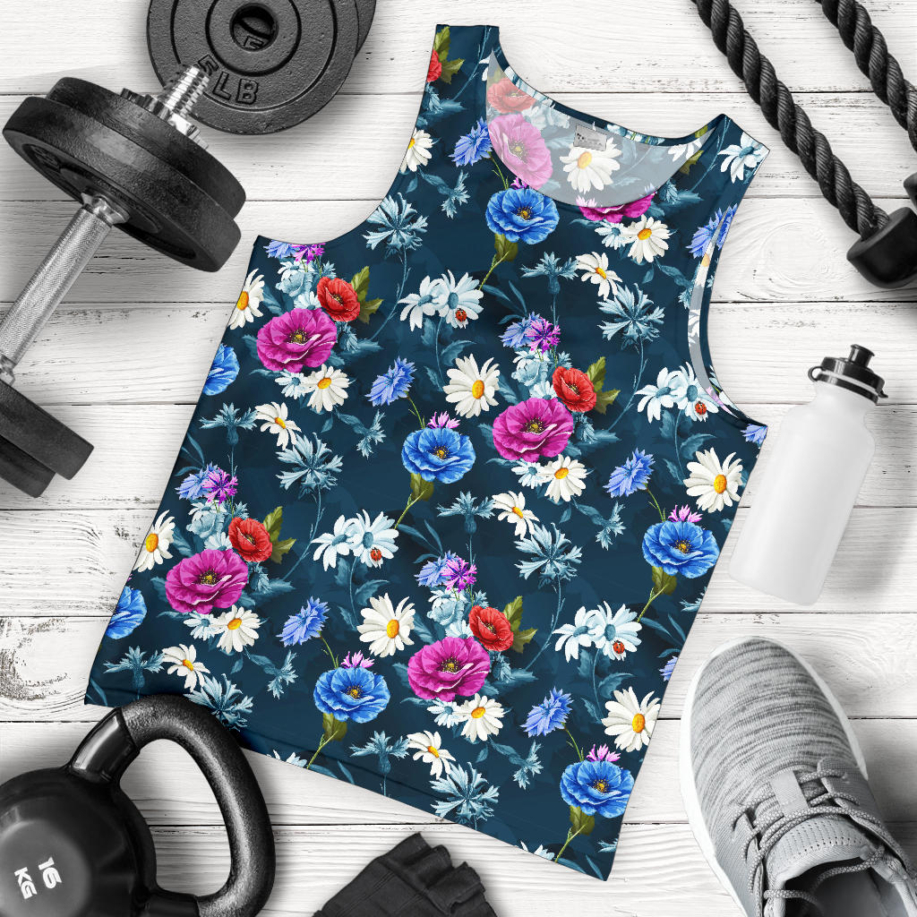 Floral Blue Themed Print Men Tank Top