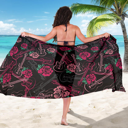 Bass Guitar Pink Rose Pattern Print Design 01 Sarong Pareo Wrap
