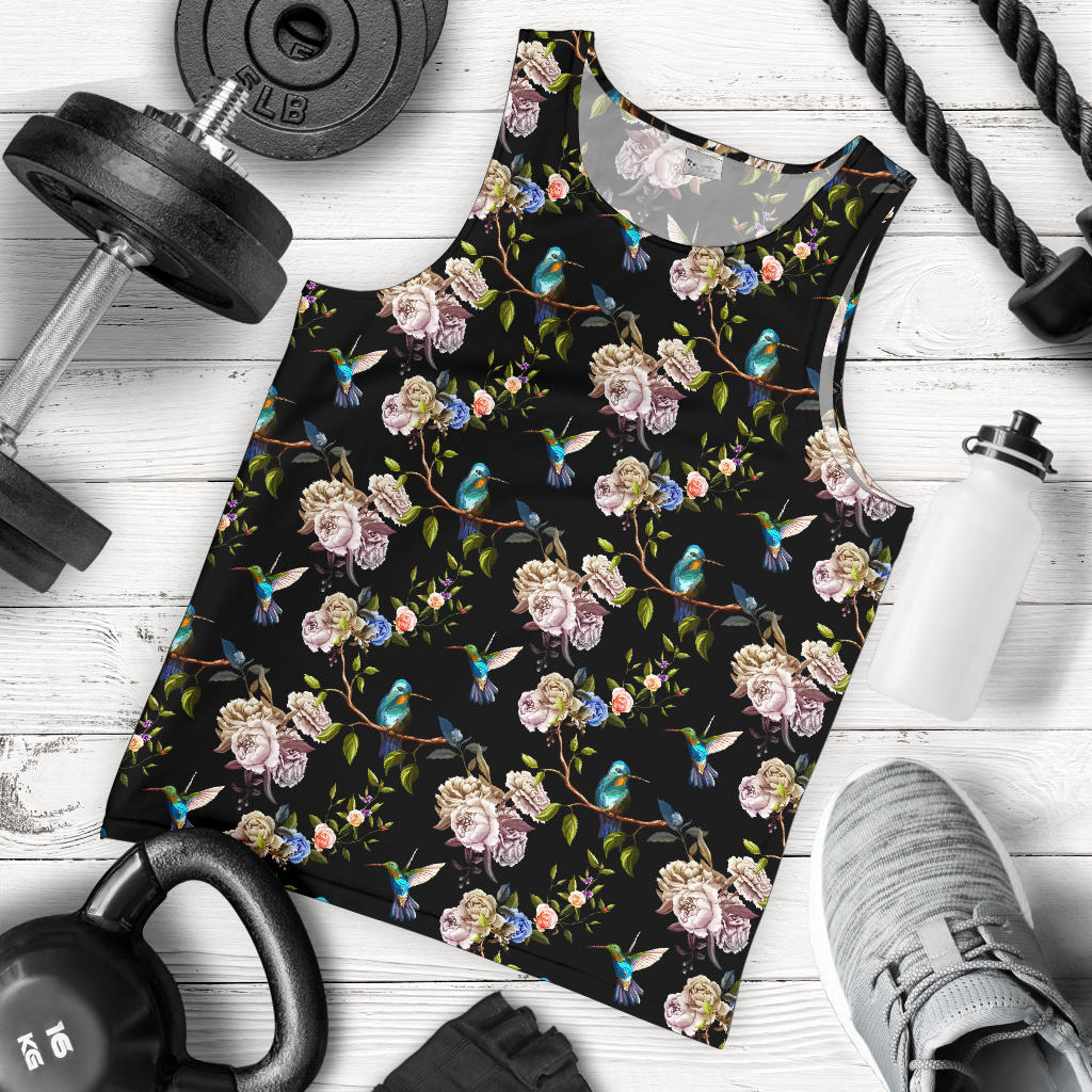 Hummingbird Flower Themed Print Men Tank Top