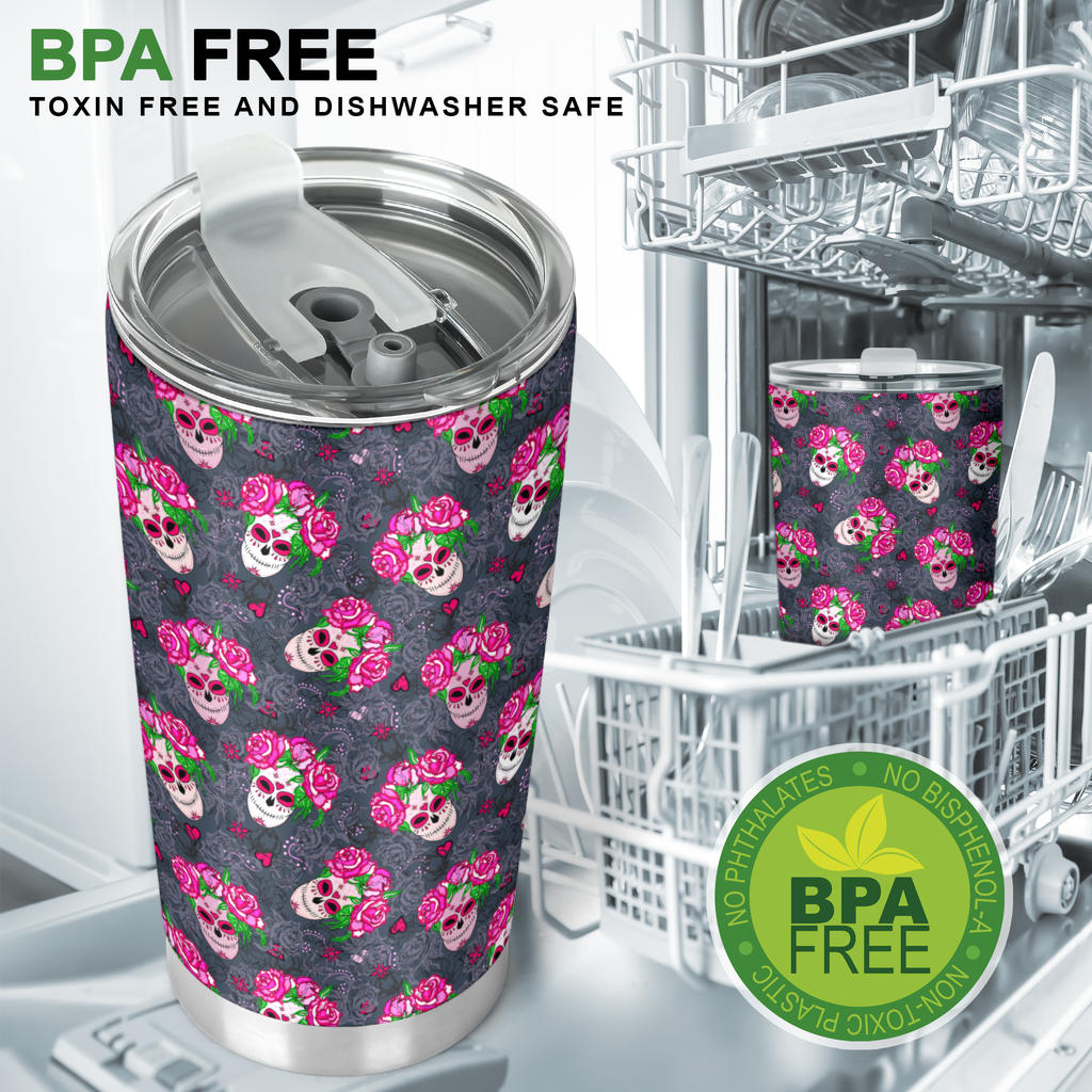 Sugar Skull Pink Rose Themed Print Tumbler