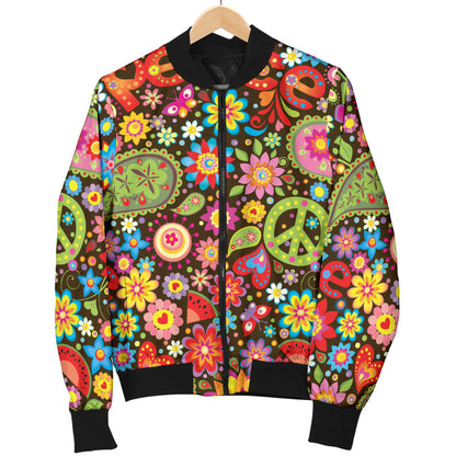 Flower Power Peace Paisley Themed Print Men Bomber Jacket