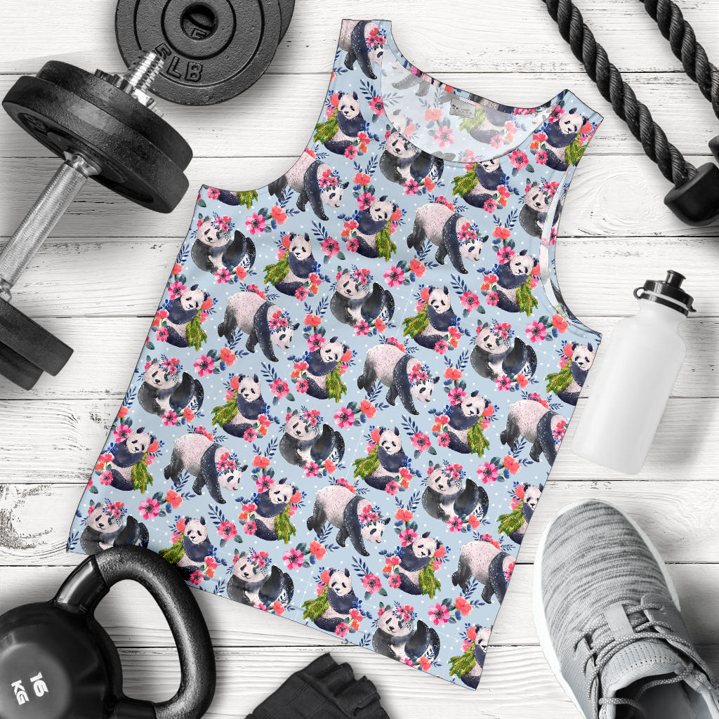 Panda Bear Flower Design Themed Print Men Tank Top