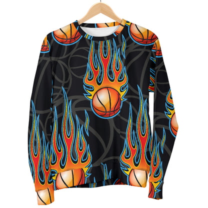 Basketball Fire Print Pattern Men Long Sleeve Sweatshirt