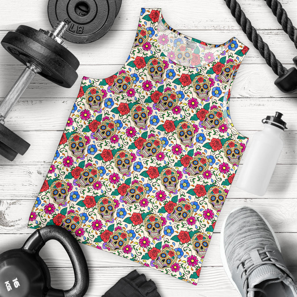 Sugar Skull Colorful Themed Print Men Tank Top