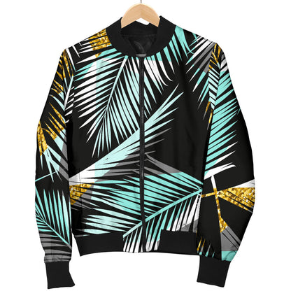 Gold Glitter Cyan Tropical Palm Leaves Men Bomber Jacket
