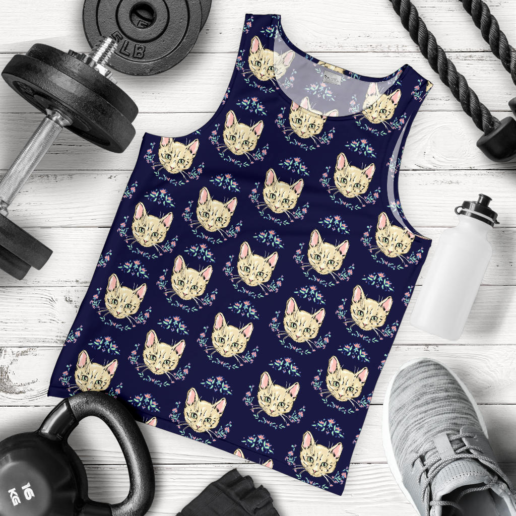 Cat Head with flower Print Pattern Men Tank Top